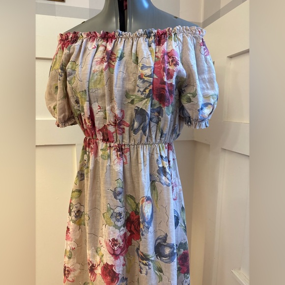 Italian Linen Floral Puff Sleeve Dress Size Large - Picture 3 of 7